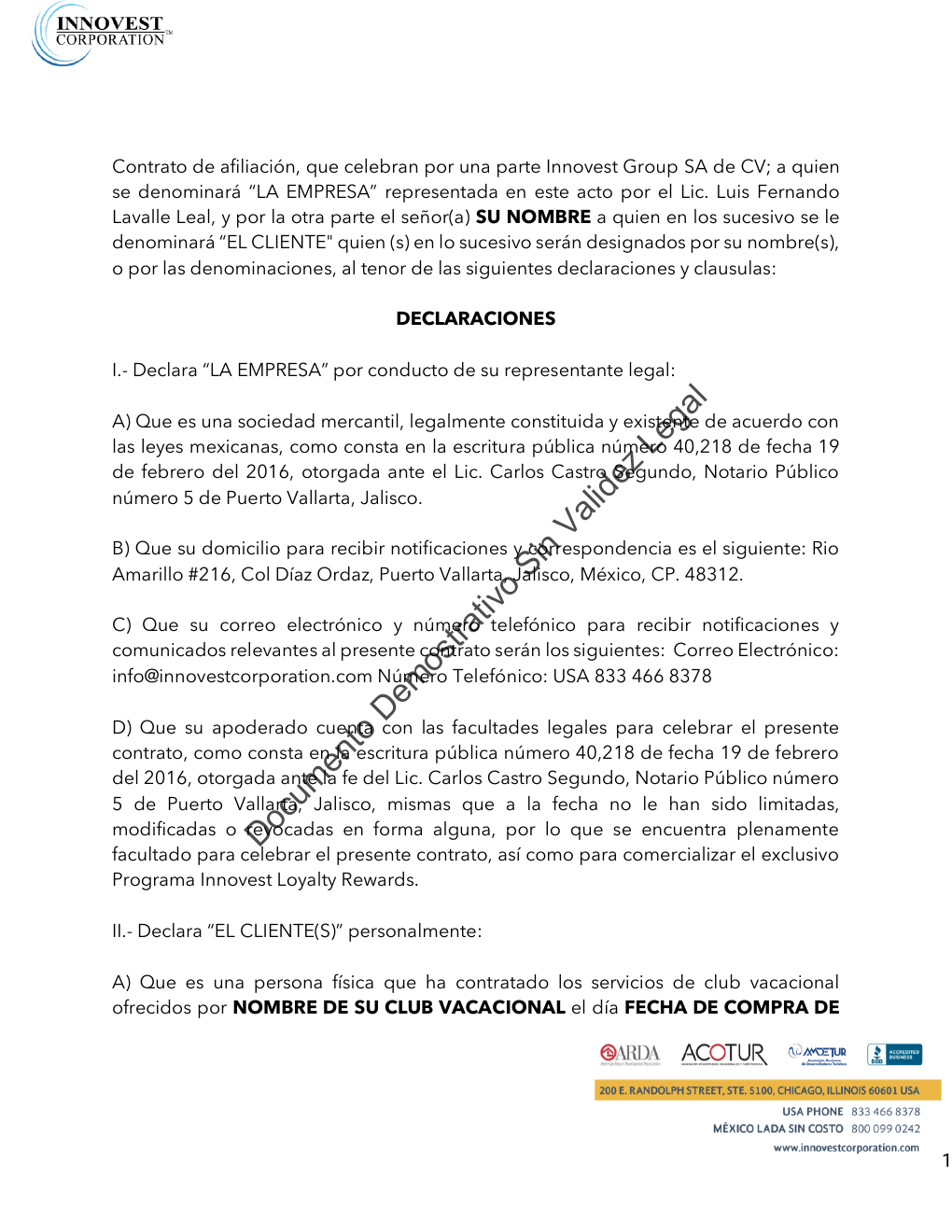 Primera página del contrato de afiliación del Fideicomiso Innovest de demostración